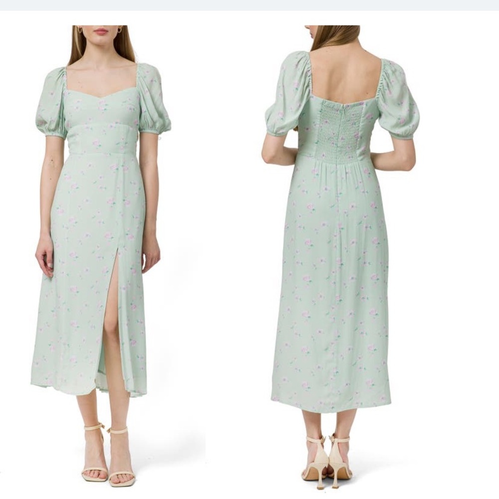 WAYF Floral Print Puff Sleeve Dress. Size Large. Color is Sage Ditsy.